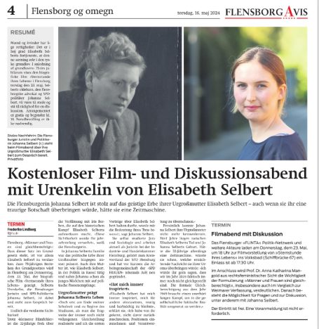 Kostenloser Film- und Diskussionsabend mit Urenkelin von Elisabeth Selbert